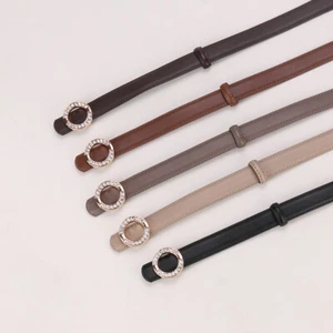 Women's Round Diamond Buckle Rhinestone Genuine Leather Belt for Daily Life - Picture 1 of 31