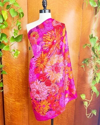 SIGNED KEN SCOTT 1960’s 60s Floral I. Magnin Vintage Pink Hand Rolled Silk Scarf - Image 1 of 4