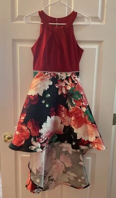 Usado en Excelente Condición Vestido Floral Halter Cuello Alto-Bajo Niñas Grandes Rojo Botón Cremallera Talla 16 Foto 1 de 4