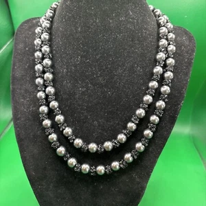 Swarovski Signed Black Cluster Crystal and Gray Pearl Statement Necklace Wow - Picture 1 of 8