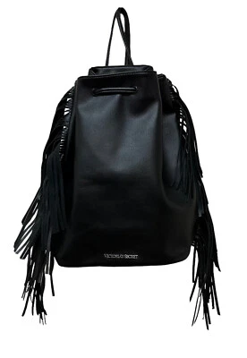 VICTORIA'S SECRET Fringed Drawstring Shoulder Backpack Bag Purse BLACK NEW - Image 1 of 4