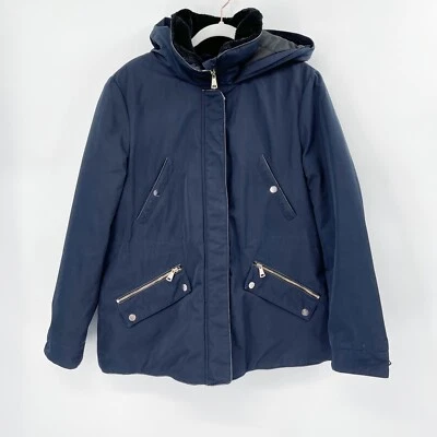 Jaqueta casaco de inverno Zara com capuz tamanho G forro acolchoado azul com zíper bolsos externos - Imagem 1 de 4
