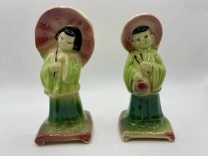 1950s Shawnee Pottery Set of Asian Man w/ Chopsticks & Woman w/Parasol #601 #602 - Picture 1 of 7