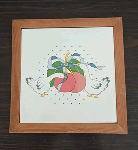 Tile Trivet Geese And Cherries, Vintage 1980s, Wall Hanging, 7" Sq - Picture 1 of 3