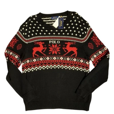 Polo Ralph Lauren XL Black Red Fair Isle Pullover Cashmere Blend Knit Sweater - Image 1 of 4