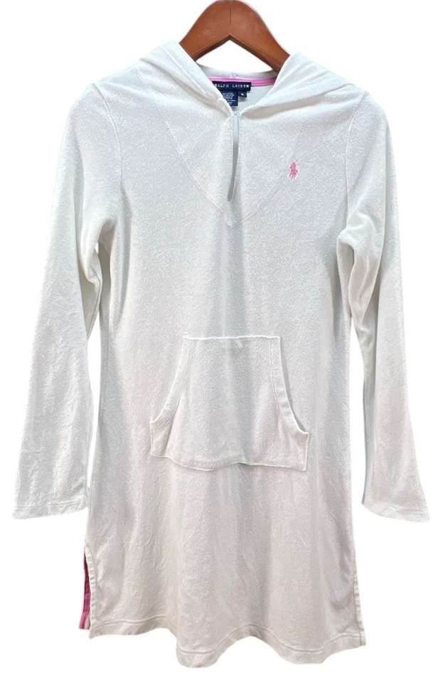 Vtg Ralph Lauren Hooded Swim Cover Up Terry Towel S White Pink Pony - Image 1 of 4