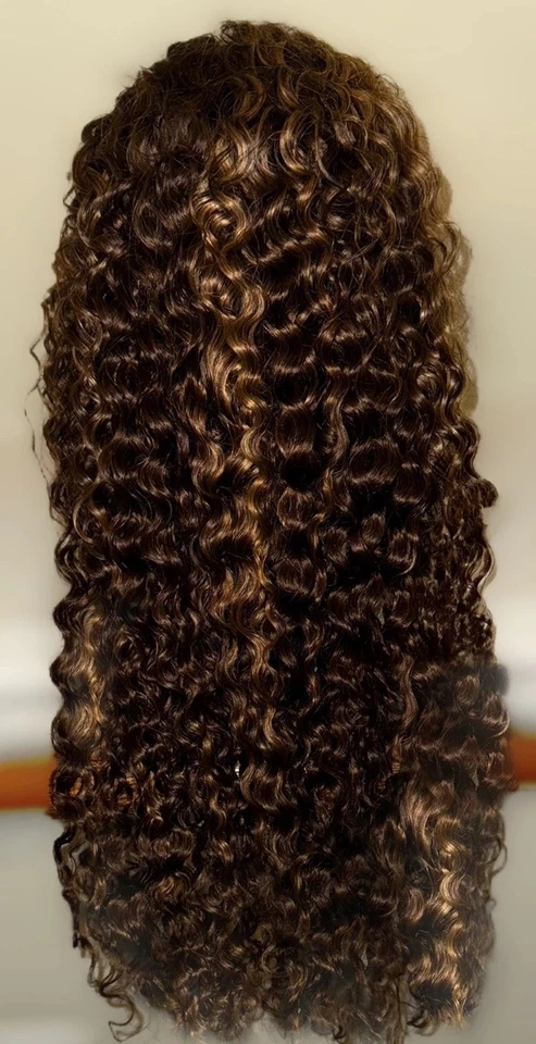 Precioso, 26 pulgadas, marrón con reflejos rubios, onda de agua, cabello 100 % humano, encaje HD, peluca Foto 1 de 4