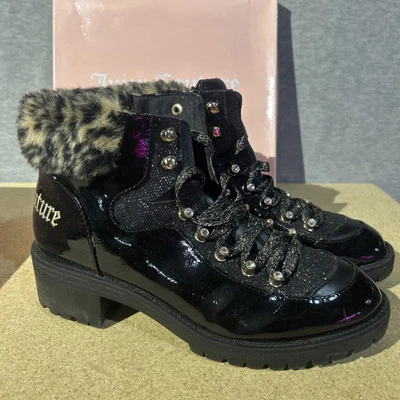 Juicy Couture  Ankle Bootie 9.5 Indulgence Black Leopard Fur Trim Chunky Heel - Image 1 of 4