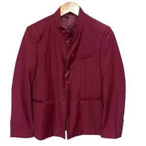 Burgundy Mandarin Collar Blazer Button Front Sport Coat Minimalist Unisex Jacket - Picture 1 of 8