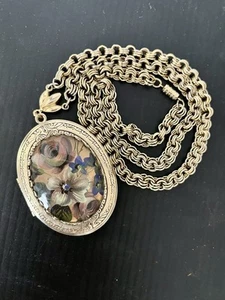 Vintage Miriam Haskell Floral Oval Domed Glass Double Locket Pendant Unsigned - Bild 1 von 10