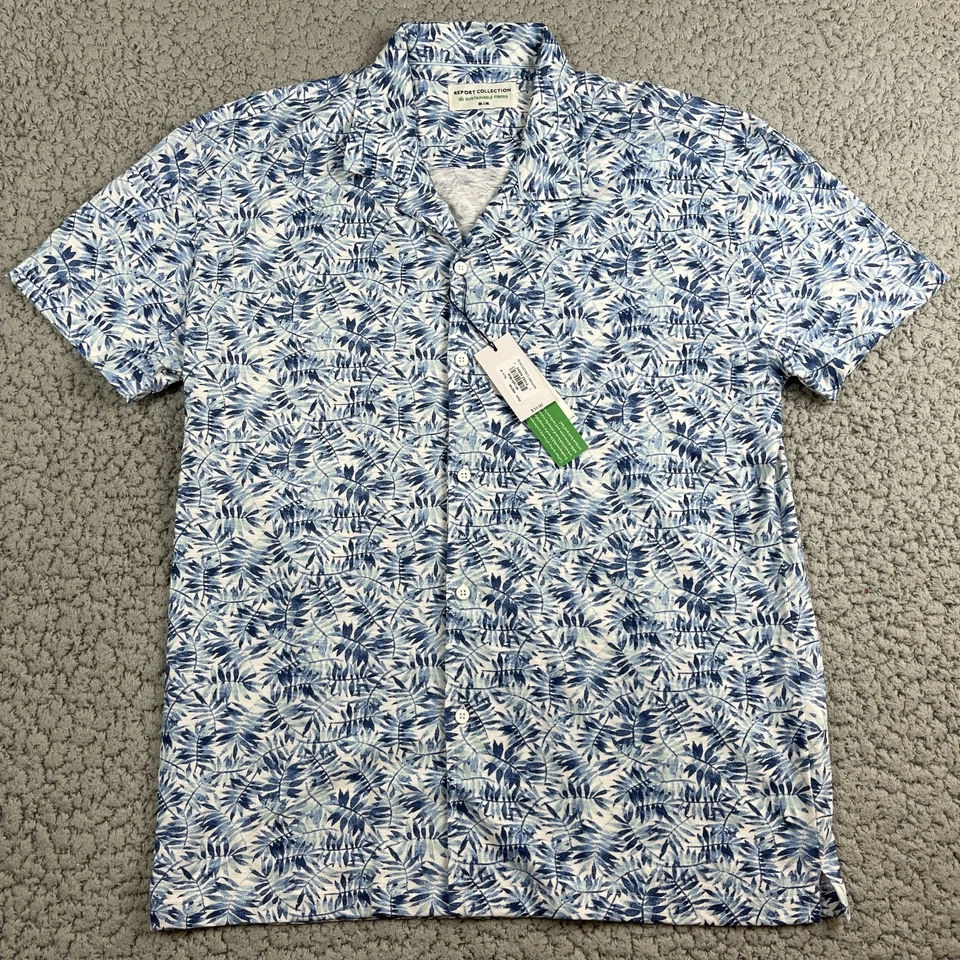 Report Collection Shirt Men Medium Blue Camp Hawaiian Tropical Sustainable NEW - Image 1 of 4