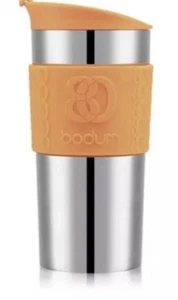 Taza de viaje Bodum de acero inoxidable naranja 350 ml tapa abatible agarre de silicona aislado - Imagen 1 de 2