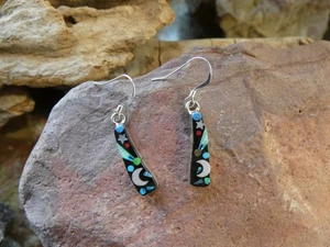 Crescent Moon Micro Inlay Multi Gemstone Fire Opal Sterling Silver Earrings AP94 - Picture 1 of 7