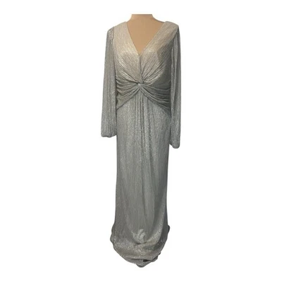Adrianna Papell Metallic Mesh Draped Maxi Evening Gown Silver Size 10 - Image 1 of 4