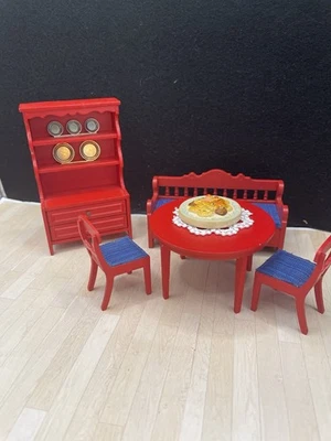 Lundby dollhouse kitchen/dining set: red table, bench, chairs, china cabinet - Image 1 of 4