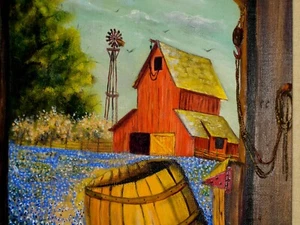 Bluebonnets Blooming Trees Barns Barrel Tool Waterwheel Bird Sky Cloud Painting - Bild 1 von 12