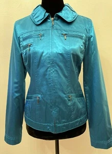 Chico's Womens Full Zipper Multi Pocket Trucker Jacket Size 0 Blue Satin Stretch - Picture 1 of 12