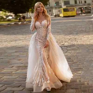 Sexy Champagne Sirena Vestidos de Boda Lujo Tul Vestido de Novia Falda Desmontable - Imagen 1 de 8