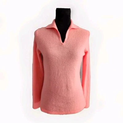 Peck & Peck 100% 羊绒霓虹珊瑚 V 领领长袖毛衣 S — 第 1/4 张图片