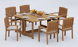 7-Piece Outdoor Teak Dining Set: 60" Butterfly Table, 6 Stacking Arm Chairs Wave - Picture 1 of 10