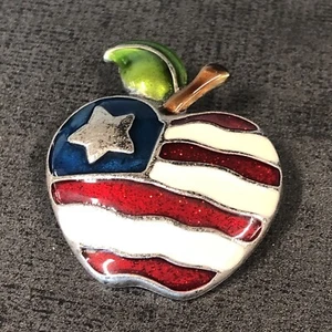 AJMC Signed Teacher Apple Gift American Flag Brooch Pin Silver Tone Vtg 'merica - Picture 1 of 7