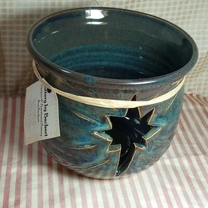 CANDLE HOLDER ☆Bachert Pottery Studio☆ 2004 BLUE With STAR Cut Out 5 X 4.5" TAG - Picture 1 of 11