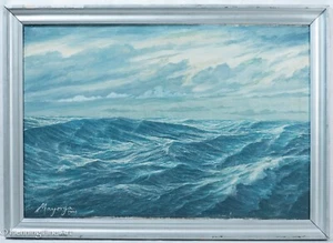 Hermosa pintura al óleo vintage de paisaje marino de Mayorga, olas finas océano, firmada - Imagen 1 de 10