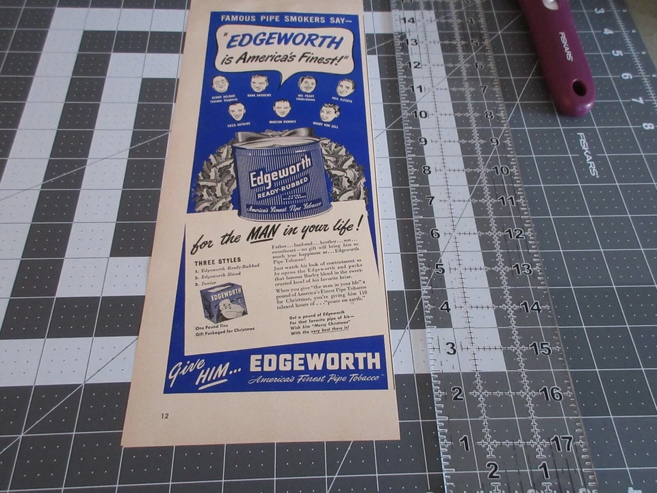 Pipa de tabaco Edgeworth Ready 1949 frotada, anuncio impreso - famosos fumadores de pipa Foto 1 de 3