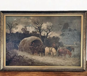 Antique Oil Painting Wagon Scene Signed Geo Garth Rustic Winter Horses 40x27” - Picture 1 of 16