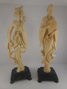 A. Santini 2 Skulpturen Geisha und alter Mann 17 Zoll groß Alabasterharz handgeschnitzt - Bild 1 von 16