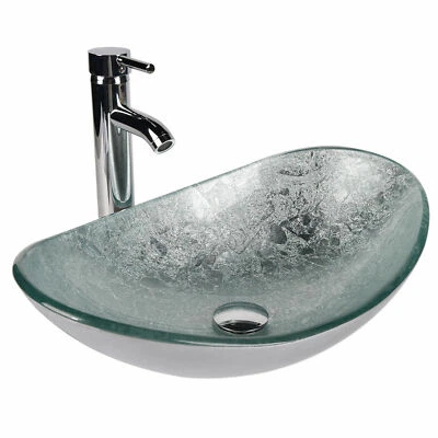 Juego de lavabo de drenaje emergente grifo lavabo lavabo recipiente vidrio templado ovalado para baño hogar Foto 1 de 4
