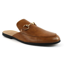 Mens Cognac Brown Leather Backless Slip On Mule Gold Buckle Loafers By AZAR MAN
