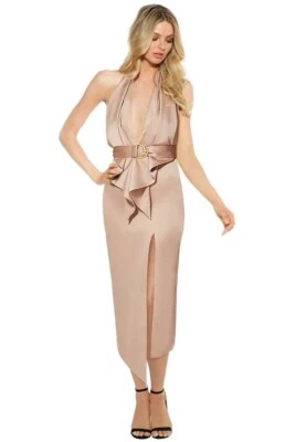 Nuevo con etiquetas Vestido Midi Halter Escote Cascada Carrie Colección Misha Talla 4 Taupe Foto 1 de 4