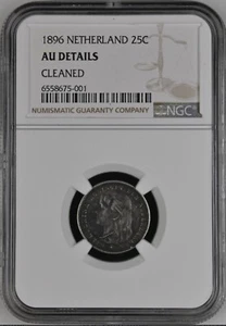 SCARCE 1896 NETHERLANDS 25 CENT SILVER COIN NGC AU DETAILS CLEANED - Picture 1 of 2