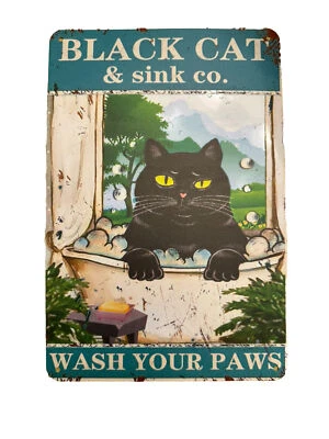 Black Cat Metal Poster Tin Signs Black Cat Sink Co Wash Your Paw Decor 8 x 12 In - Image 1 of 2