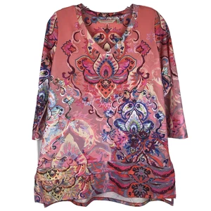 Top túnica suave envolvente cuello en V tejido manga 3/4 elástico rosa cachemira pequeño - Imagen 1 de 6