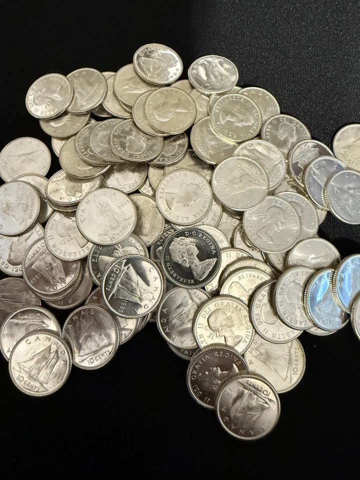 50 Canadian 10 Cents Coins Uncirculated Silver 80% Coins (1966 And Below) - Image 1 of 1