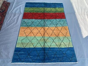 Hand-Knotted Afghan Wool Rug | Thick Soft Striped Berber Carpet | 4'7 x 6'11 ft - Picture 1 of 12