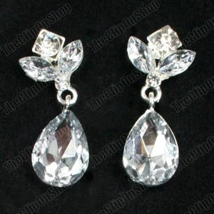 4cm big CLIP ON glass CRYSTAL EARRINGS silver rhinestone TEARDROP sparkly drops - Picture 1 of 8