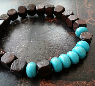 Pulsera elástica de madera de nogal turquesa protección purificación corazón curativo  Foto 1 de 3