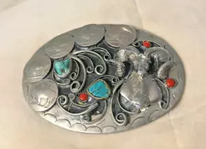 Vinatge Native Silver Nickle Ram & Buffalo Nickels, Turquoise & Coral Buckle - Picture 1 of 19