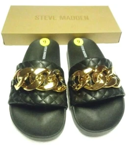 BRAND NEW STEVE MADDEN SUMMER READY SANDALS BLACK GOLD TONED ACCENT - Picture 1 of 2