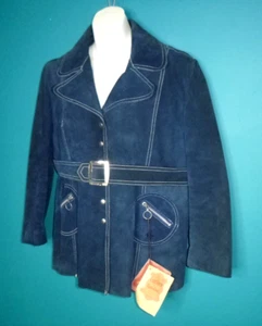 Vtg 70s Sears Blue Suede Hippy Jacket Coat Snap Front Round Pockets Sz M/L - Picture 1 of 21