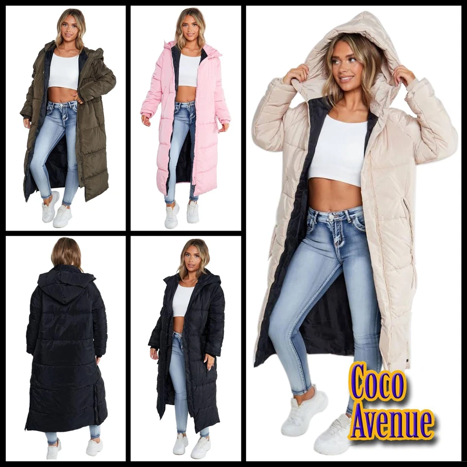 Oversized Maxi Long Coat Ladies Bodywarmer Puffer Padded Hooded Longline Jacket - Image 1 of 1