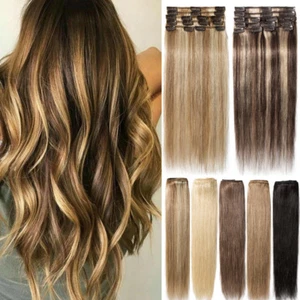 100% Natural 8pcs Clip In Real Remy Human Hair Extensions Full Head Brown Blonde - Picture 1 of 25
