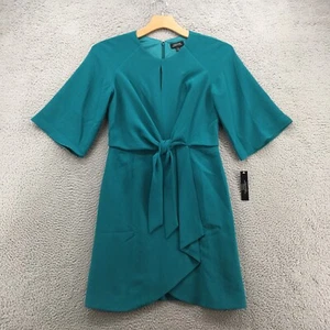 Tahari Tie Front Crepe Sheath Dress Womens 10 Teal Short Sleeve Round Neck NEW - Picture 1 of 22