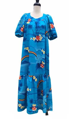 Vestido maxi vintage original Helena's azul havaiano floral Muumu arco-íris  - Imagem 1 de 4