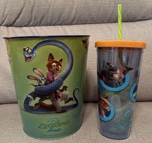 Zootopia 2 secchiello popcorn latta + cannuccia vorticosa bicchiere trasparente 2025 AMC Cinemark nuovo - Foto 1 di 5