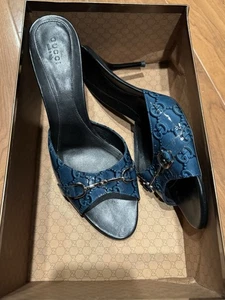 GUCCI Sandalias Mules Tacón Cuero PU Azul US10 Auténticas - Imagen 1 de 5