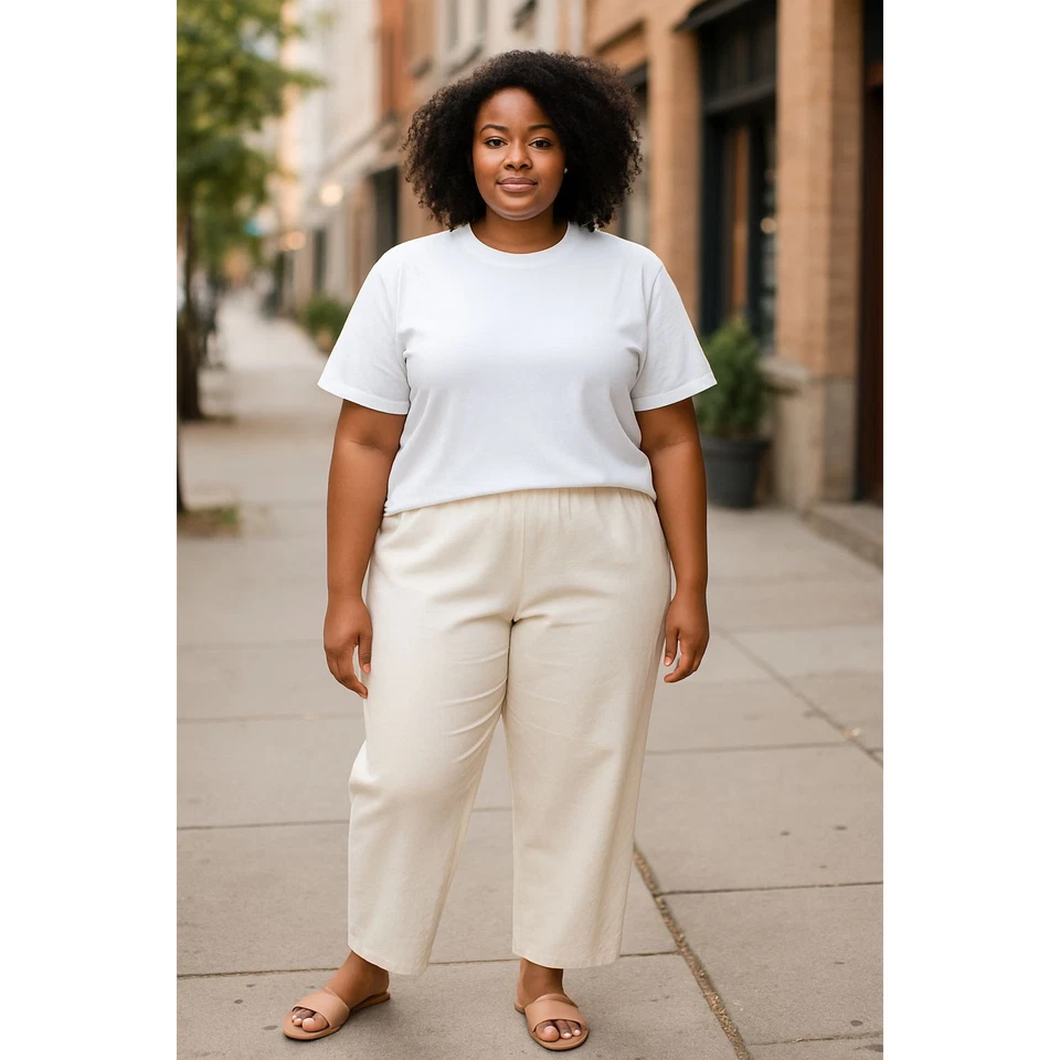 Pantalones EILEEN FISHER XL Elásticos Algodón Sarga Cónicos Capri Cremallera Lateral Beige Foto 1 de 4